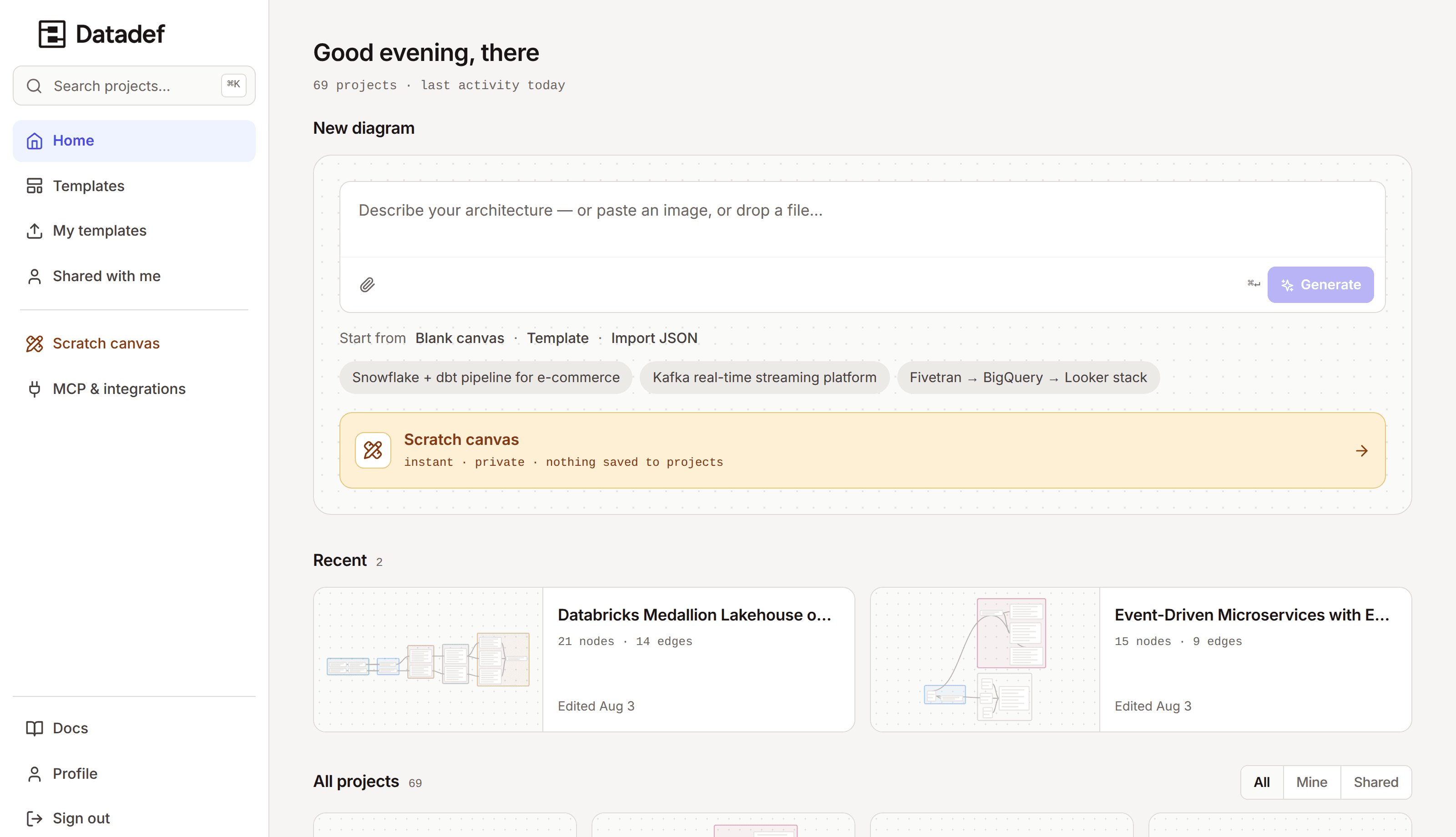 The Datadef team workspace dashboard: shared projects and folders in one sidebar