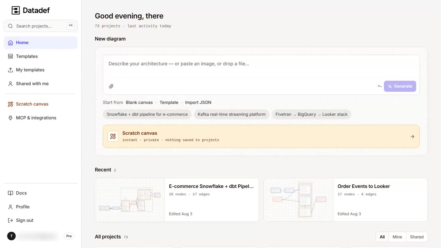 The Datadef dashboard: a prompt bar for describing your architecture, a scratch canvas shortcut, and recent projects