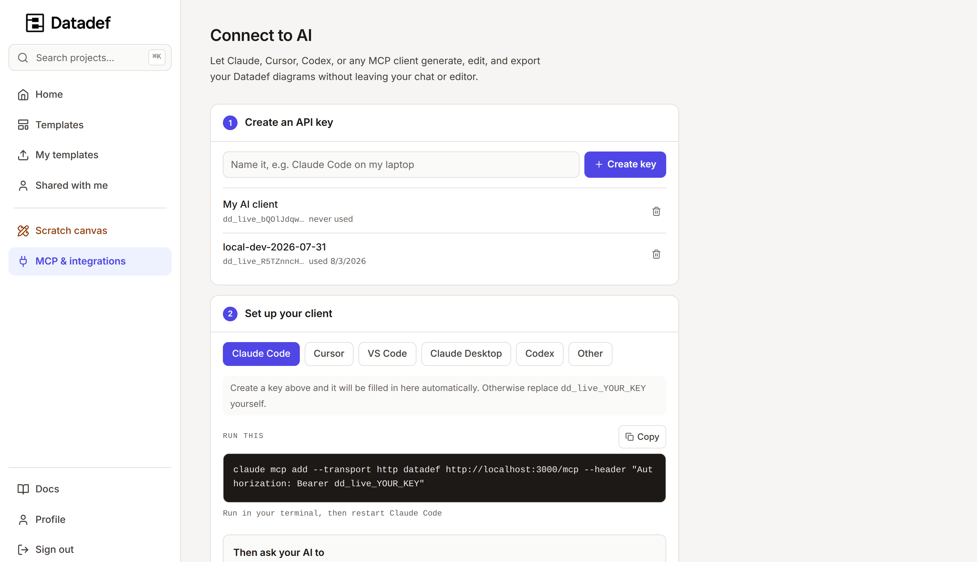 The MCP and integrations settings page: create an API key, pick a client such as Claude Code, Cursor, or VS Code, and copy the prefilled setup command